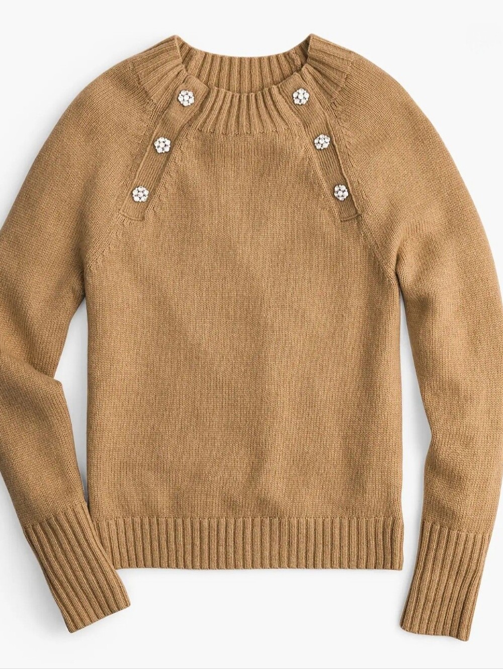 J Crew Crewneck Button Accent Sweater XS Camel Fall Fisherman Wool Old Money